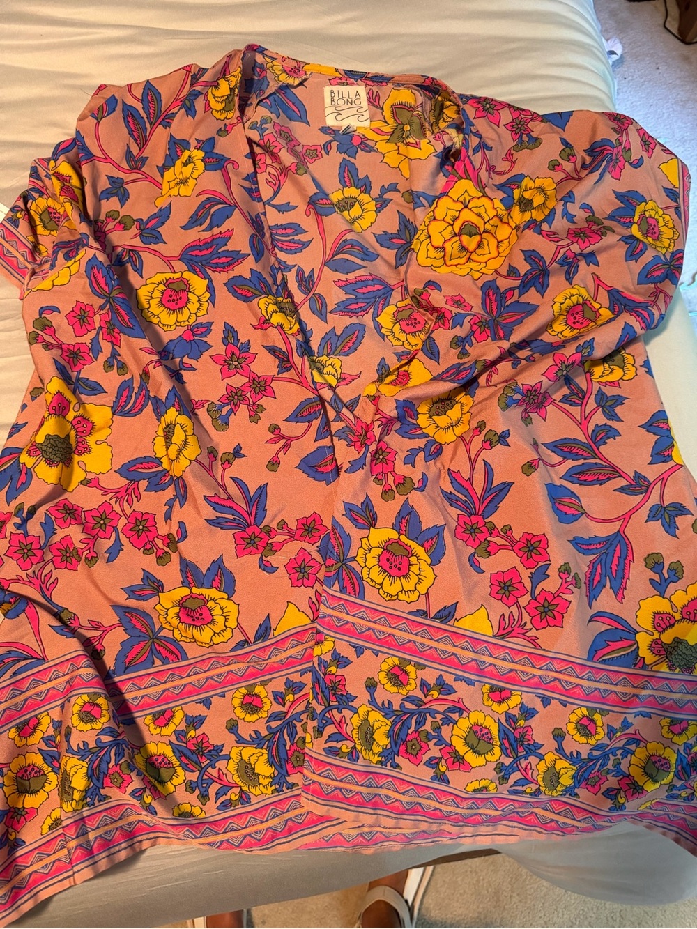 Billabong Pink Floral V-Neck Tunic with Yellow & Blue Accents